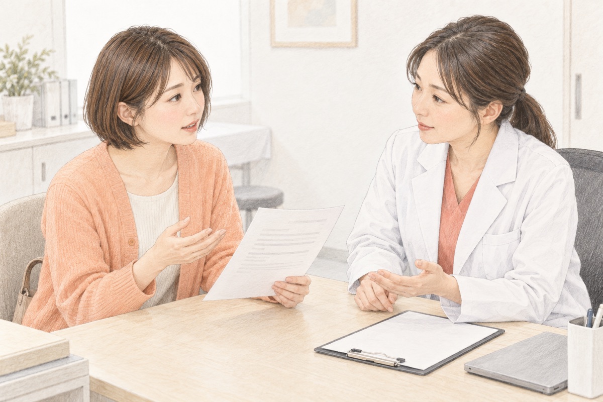 AMHの検査結果を手に医療者へ質問する女性の編集イラスト
