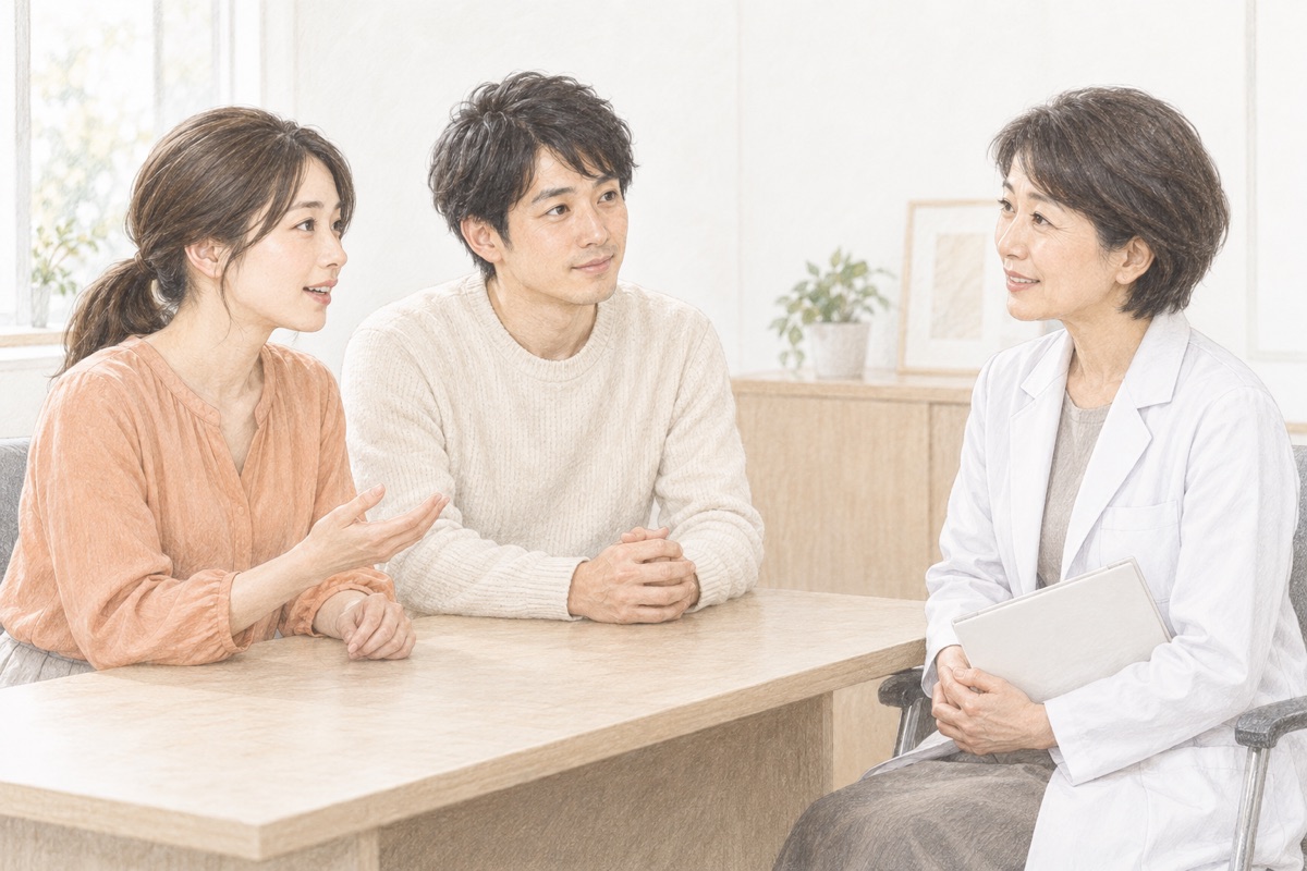 本人とパートナーが医療者の説明を聞き、質問する編集イラスト