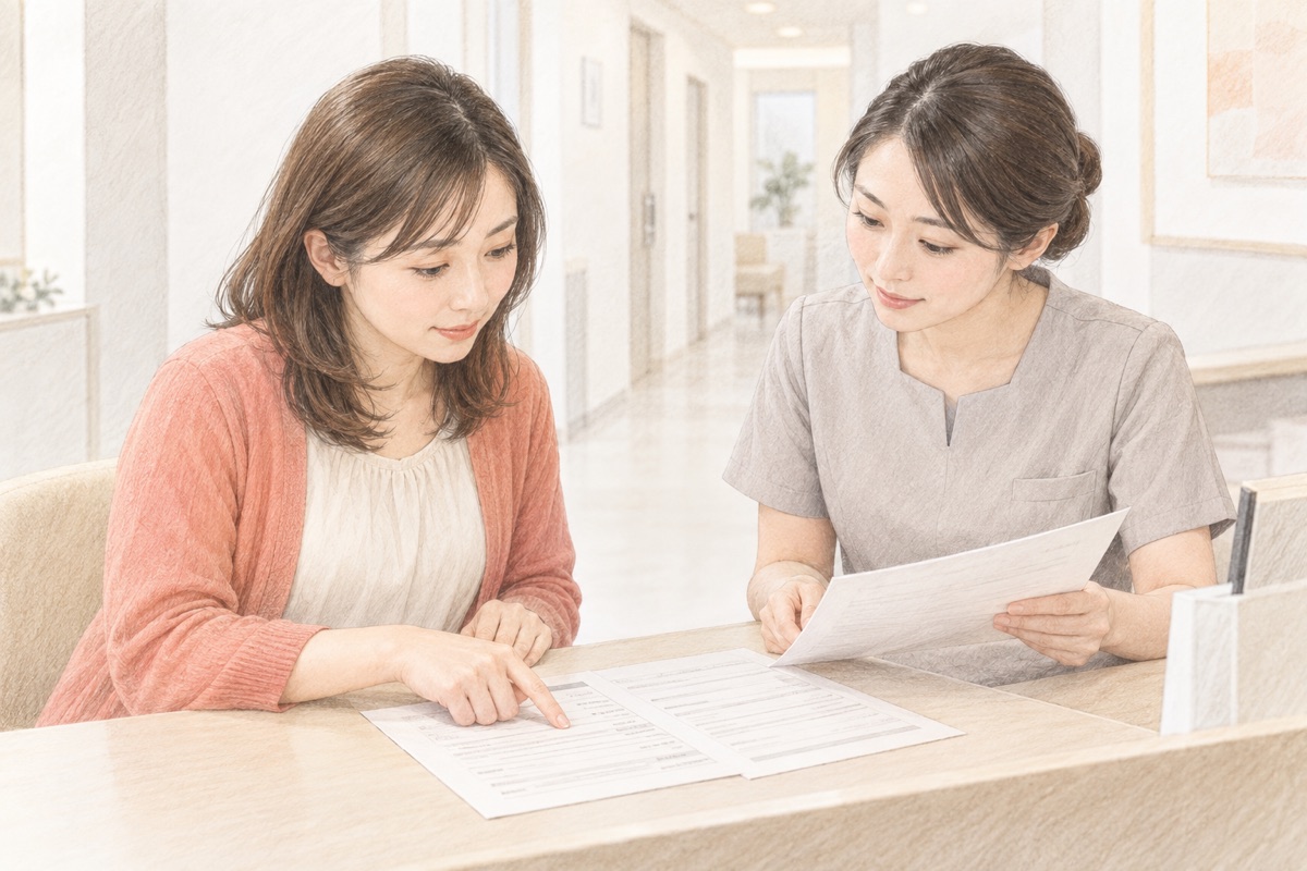 クリニックの窓口で治療費の内訳を確認する女性の編集イラスト