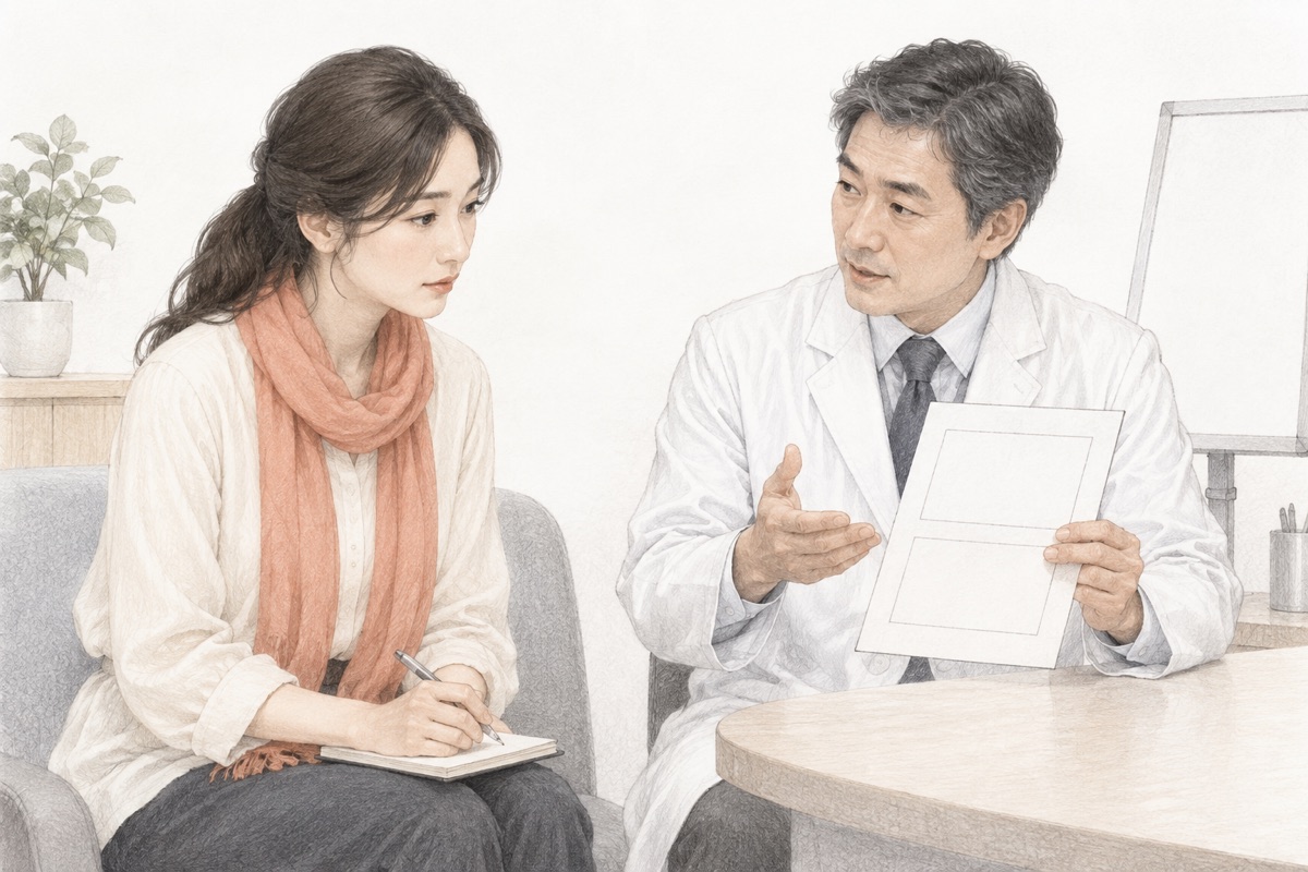 治療方法の説明資料を見ながら医療者へ相談する女性の編集イラスト
