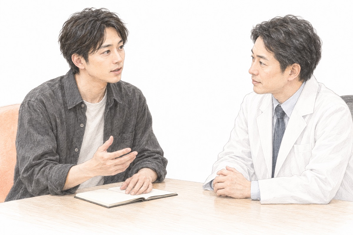 男性本人が検査や治療について医療者へ質問する編集イラスト
